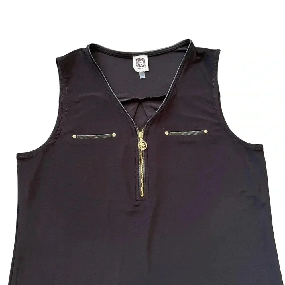 Anne Klein Black and Gold Half Zip V Neck Tank Top with Faux Leather Trim Medium - Picture 2 of 8